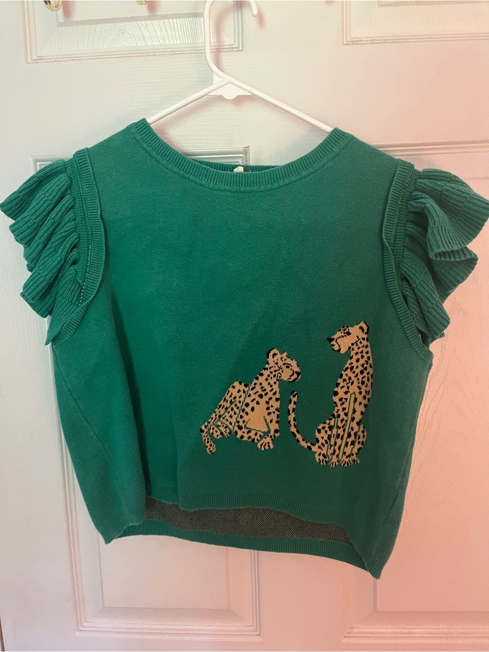 Green Ruffle Sleeve Top with Leopard Motif